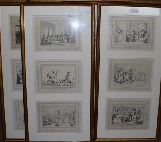 After Thomas Rowlandson, set of 12 uncoloured engravings Comforts of Bath, in 4 frames, as republished 1857(-)